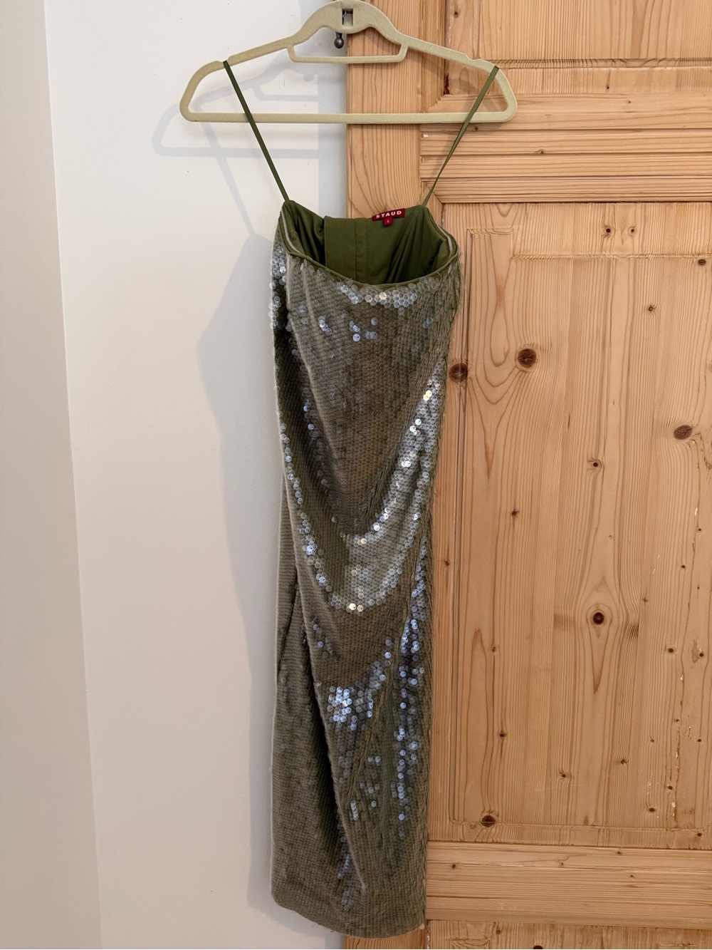 STAUD Olive Green Slip Dress with Red Logo Tab